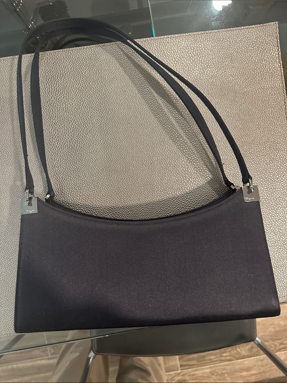 Ferragamo Navy Blue Satin Shoulder Bag